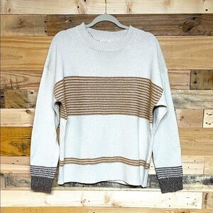 Eesome size M/L Crewneck Soft Cream Knit Sweater with Tan and Brown Stripes